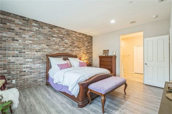 Bedroom, Interior, Recessed Lighting, Stone Walls, Wood Texture Flooring