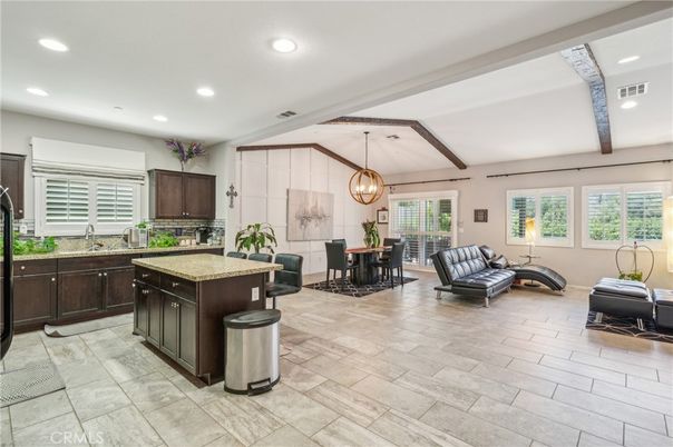 Dining room, Interior, Living room, Pendant Lights, Recessed Lighting, Wooden Beams