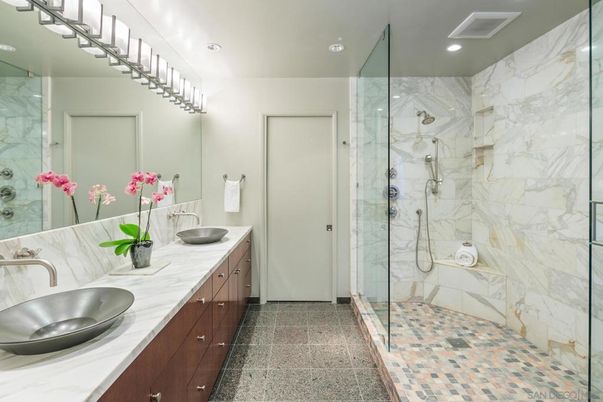 Bathroom, Dual Sink Vanities, Glass Shower, Interior, Marble Walls, Recessed Lighting