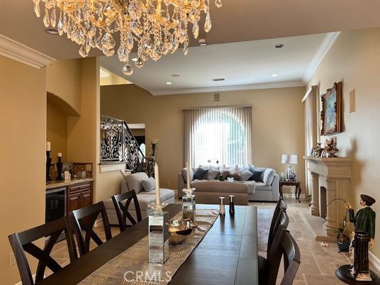 Chandelier, Dining room, Fireplace, Interior, Living room, Recessed Lighting