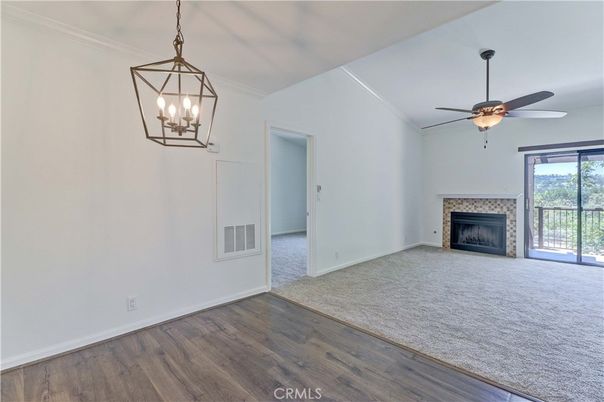Empty room, Fireplace, Interior, Pendant Lights, Wood Texture Flooring