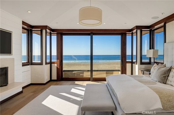 Bedroom, Fireplace, Interior, Recessed Lighting, Water, Wood Texture Flooring