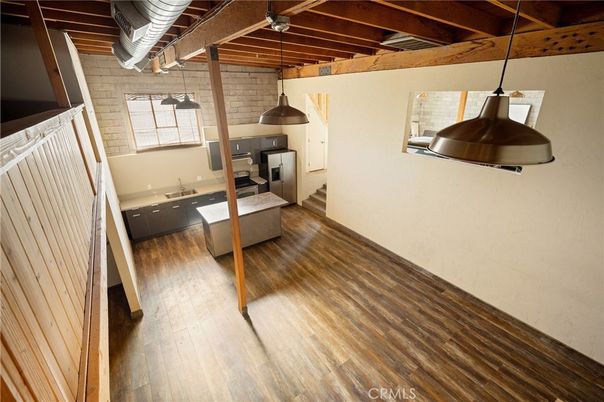 Interior, Kitchen, Pendant Lights, Stainless Steel Appliances, Wooden Beams, Wood Texture Flooring