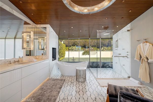 Bathroom, Free Standing Baths, Glass Shower, Interior, Marble Walls, Recessed Lighting, Wooden Ceilings