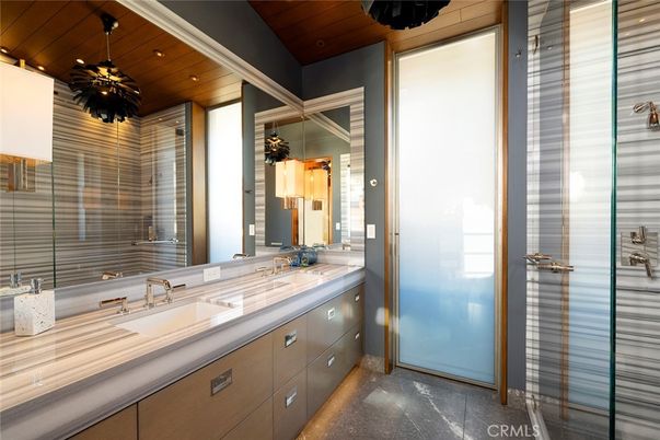 Bathroom, Glass Shower, Interior, Recessed Lighting, Wooden Ceilings