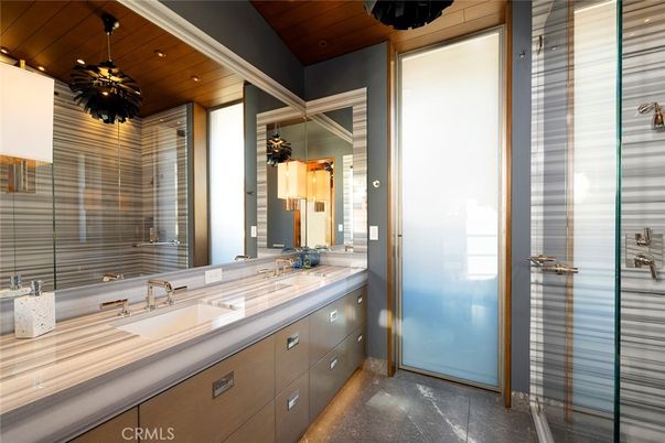 Bathroom, Glass Shower, Interior, Recessed Lighting, Wooden Ceilings