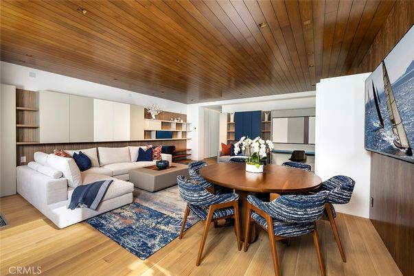 Dining room, Interior, Living room, Recessed Lighting, Wooden Ceilings, Wood Texture Flooring