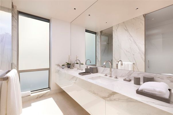 Bathroom, Dual Sink Vanities, Interior, Marble, Marble Walls, Recessed Lighting