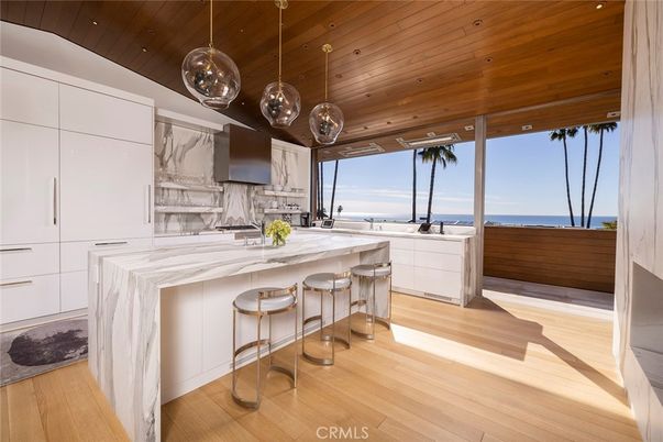 Interior, Kitchen, Marble Walls, Pendant Lights, Water, Wooden Ceilings, Wood Texture Flooring