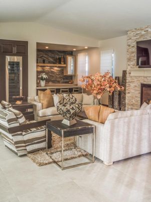 Fireplace, Interior, Kitchen, Living room, Recessed Lighting, Stone Walls