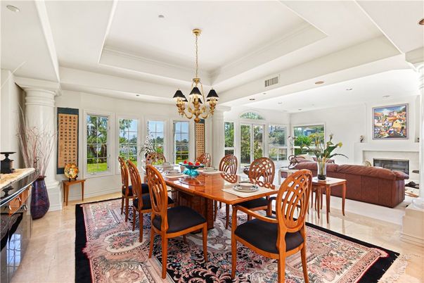 Chandelier, Dining room, Fireplace, Interior, Living room, Recessed Lighting