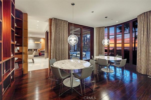 Dining room, Interior, Pendant Lights, Recessed Lighting, Wood Texture Flooring