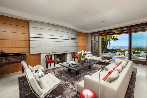 Fireplace, Interior, Living room, Recessed Lighting, Water, Wooden Walls