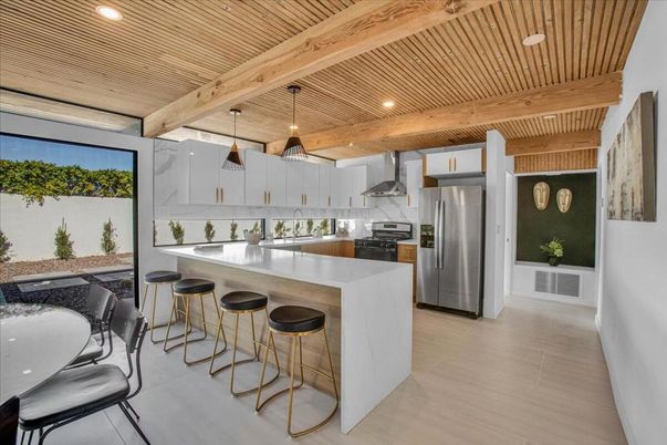 Interior, Kitchen, Pendant Lights, Recessed Lighting, Stainless Steel Appliances, Wooden Beams, Wooden Ceilings