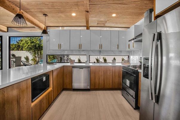 Interior, Kitchen, Pendant Lights, Recessed Lighting, Stainless Steel Appliances, Wooden Ceilings, Wood Texture Flooring