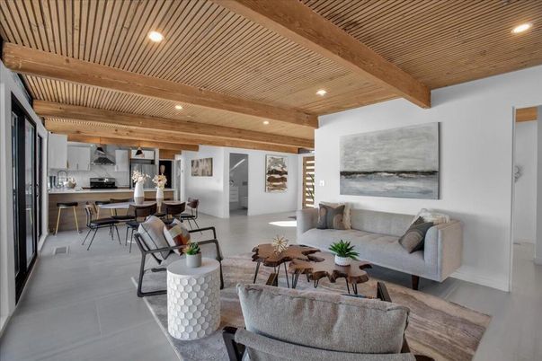 Dining room, Interior, Kitchen, Living room, Pendant Lights, Recessed Lighting, Stainless Steel Appliances, Wooden Beams, Wooden Ceilings