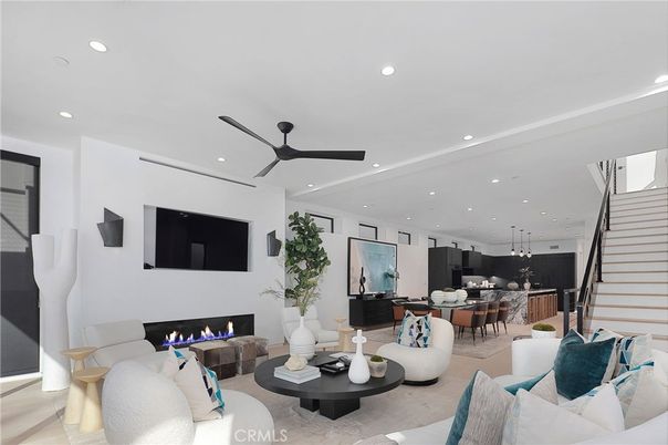 Dining room, Fireplace, Interior, Kitchen, Living room, Pendant Lights, Recessed Lighting, Wood Texture Flooring