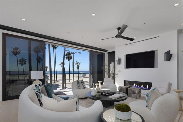Fireplace, Interior, Living room, Recessed Lighting, Water, Wood Texture Flooring