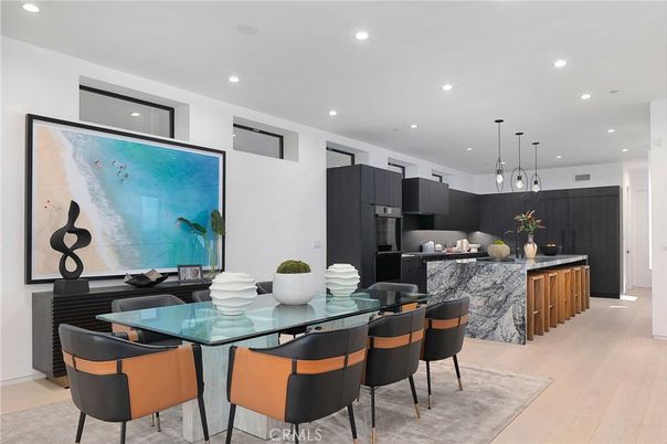 Dining room, Interior, Kitchen, Pendant Lights, Recessed Lighting, Stainless Steel Appliances, Wood Texture Flooring
