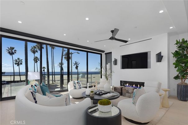 Fireplace, Interior, Living room, Recessed Lighting, Water, Wood Texture Flooring