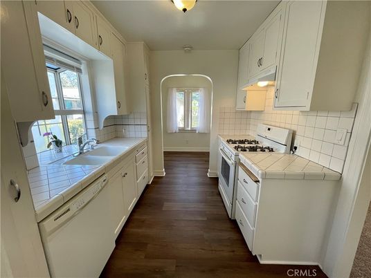 Interior, Kitchen, Tile Countertops, Wood Texture Flooring