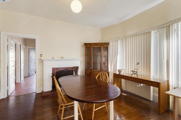 Dining room, Fireplace, Interior, Wood Texture Flooring