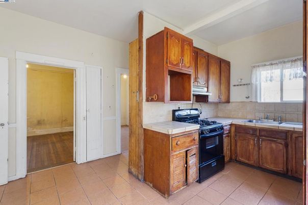 Interior, Kitchen, Tile Countertops, Wood Texture Flooring