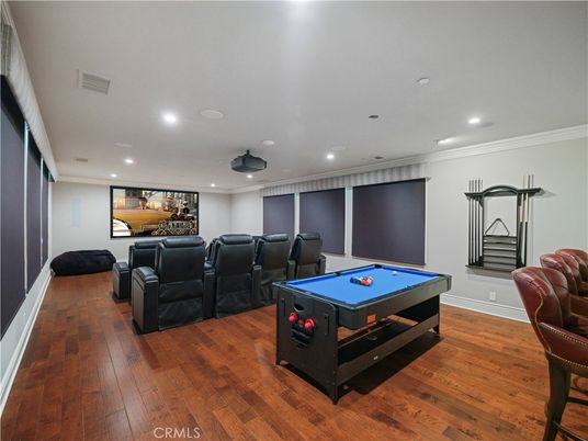 Home Theatre Room, Game Room, Interior, Projection Screen, Recessed Lighting, Theatre Room, Wood Texture Flooring