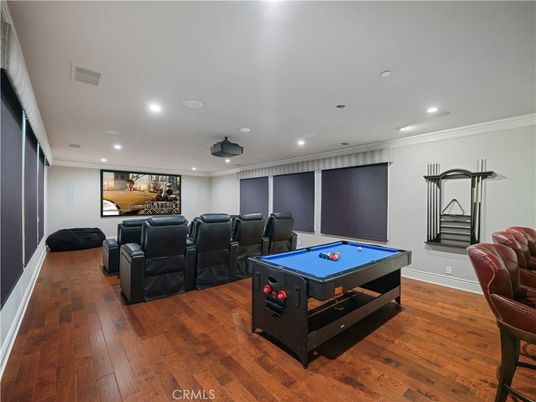 Home Theatre Room, Game Room, Interior, Projection Screen, Recessed Lighting, Theatre Room, Wood Texture Flooring