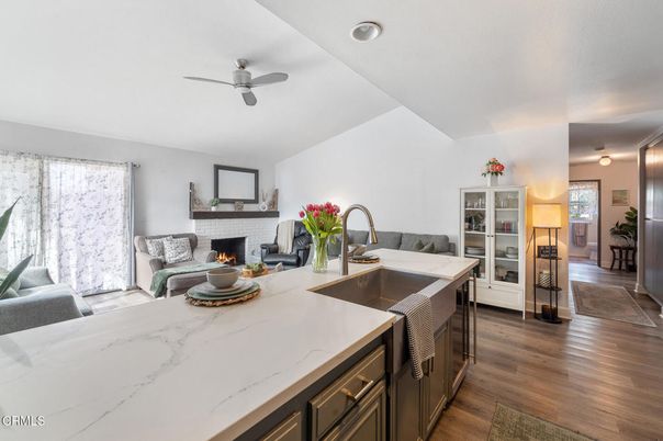 Fireplace, Interior, Kitchen, Living room, Wood Texture Flooring