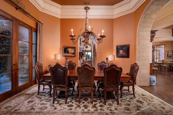 Chandelier, Dining room, Interior, Stone Walls, Wood Texture Flooring