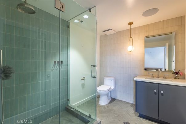 Bathroom, Glass Shower, Interior, Pendant Lights, Recessed Lighting, Wood Texture Flooring
