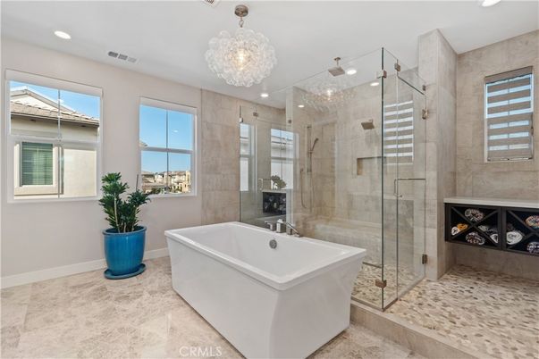 Bathroom, Chandelier, Free Standing Baths, Glass Shower, Interior, Recessed Lighting