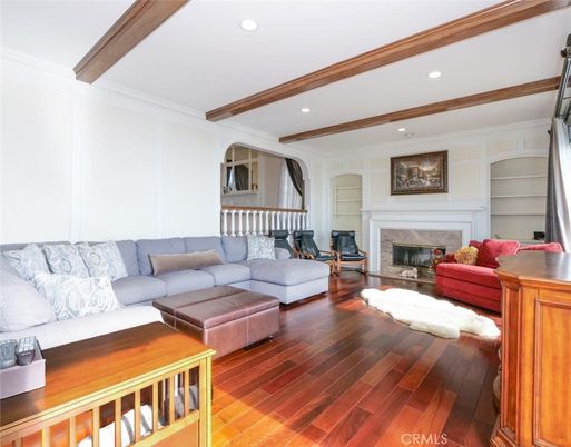 Fireplace, Interior, Living room, Recessed Lighting, Wooden Beams, Wood Texture Flooring
