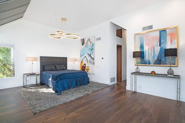 Bedroom, Interior, Pendant Lights, Wood Texture Flooring