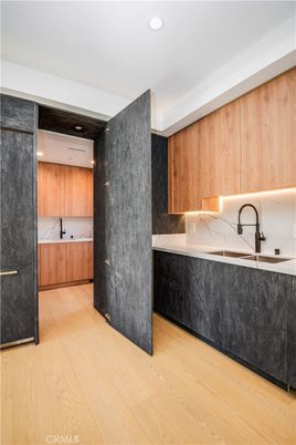 Interior, Kitchen, Marble Walls, Recessed Lighting, Wood Texture Flooring