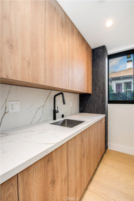 Interior, Kitchen, Marble Walls, Recessed Lighting, Wood Texture Flooring