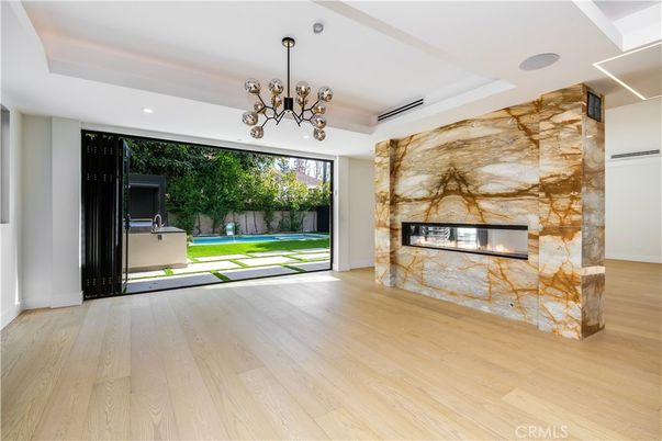 Fireplace, Interior, Pendant Lights, Recessed Lighting, Wood Texture Flooring