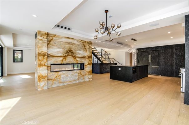 Fireplace, Interior, Pendant Lights, Recessed Lighting, Wood Texture Flooring