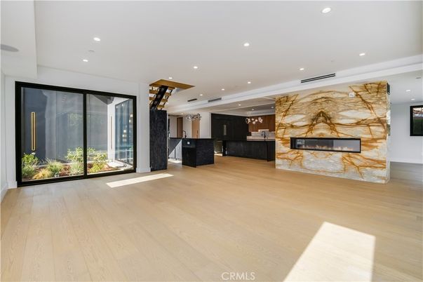 Fireplace, Interior, Recessed Lighting, Stone Walls, Wood Texture Flooring