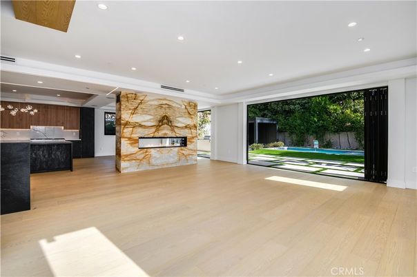 Fireplace, Interior, Kitchen, Recessed Lighting, Wood Texture Flooring