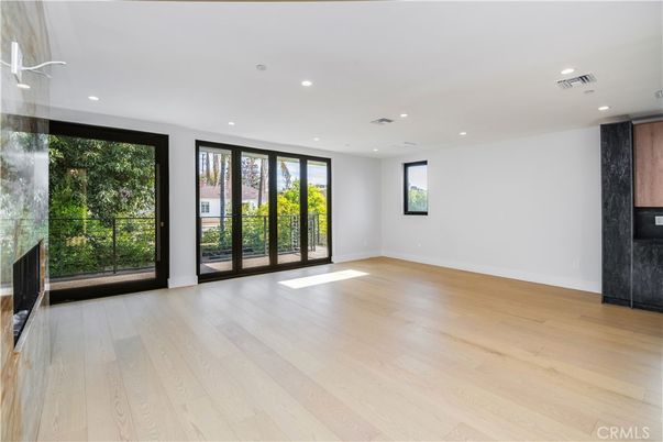 Empty room, Fireplace, Interior, Recessed Lighting, Wood Texture Flooring
