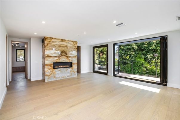 Empty room, Fireplace, Interior, Recessed Lighting, Wood Texture Flooring