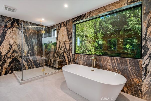 Bathroom, Free Standing Baths, Interior, Marble Walls, Recessed Lighting