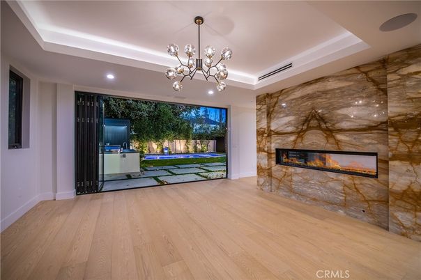 Fireplace, Interior, Pendant Lights, Recessed Lighting, Wood Texture Flooring