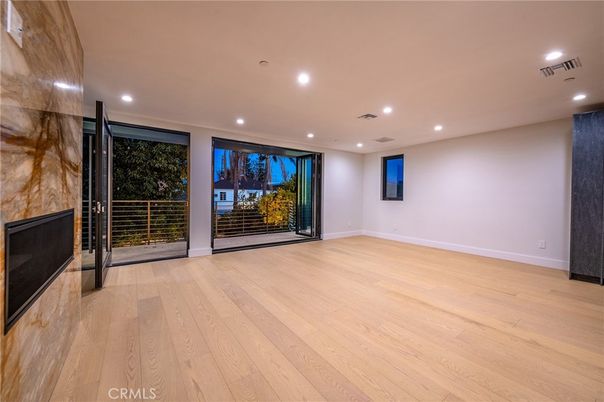 Empty room, Fireplace, Interior, Recessed Lighting, Wood Texture Flooring