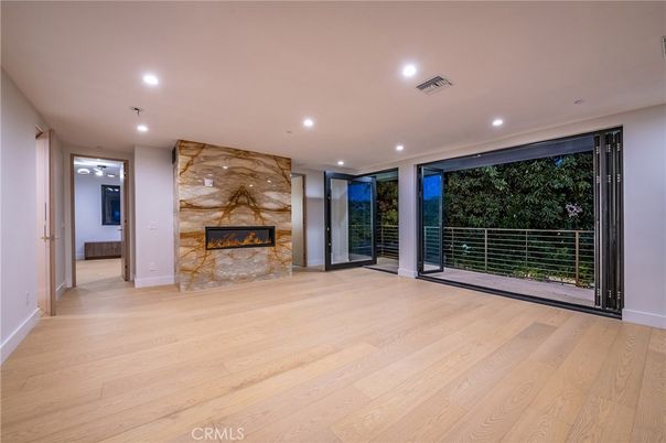 Empty room, Fireplace, Interior, Recessed Lighting, Wood Texture Flooring
