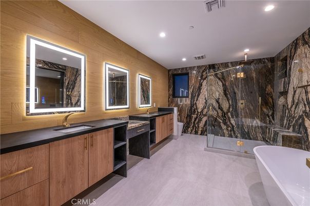 Bathroom, Dual Sink Vanities, Interior, Marble Walls, Recessed Lighting, Wooden Walls