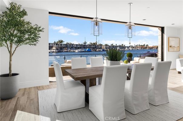 Dining room, Interior, Pendant Lights, Recessed Lighting, Water, Wood Texture Flooring
