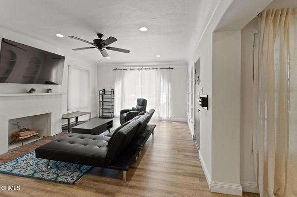 Fireplace, Interior, Recessed Lighting, Wood Texture Flooring